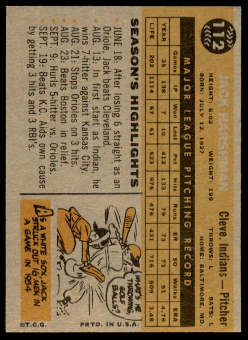 Jack Harshman Card 1960 Topps #112  Image 2