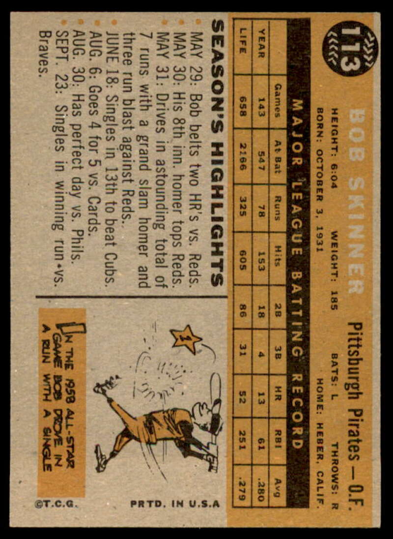 Bob Skinner Card 1960 Topps #113  Image 2