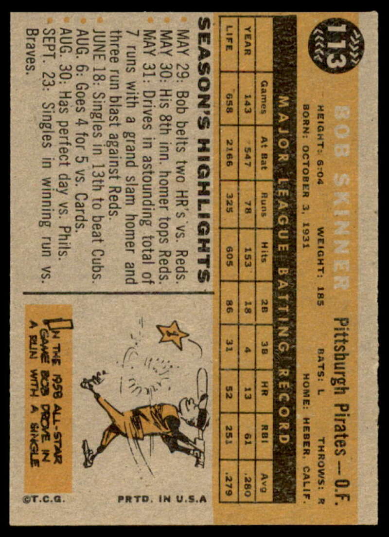Bob Skinner Card 1960 Topps #113  Image 2