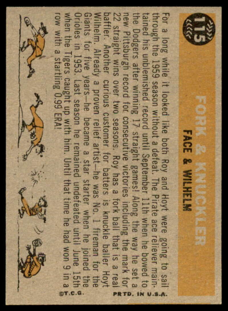 Fork and Knuckler/Roy Face/Hoyt Wilhelm Card 1960 Topps #115  Image 2