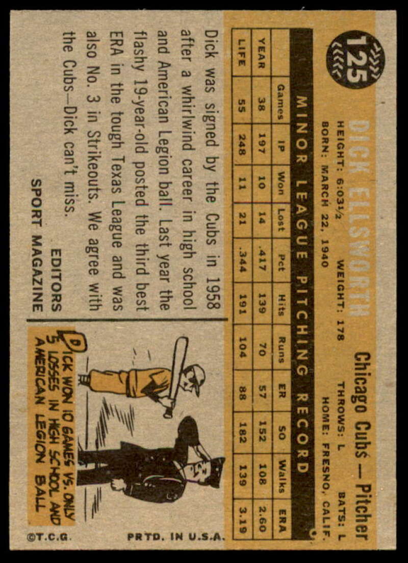 Dick Ellsworth RS Rookie Card 1960 Topps #125  Image 2