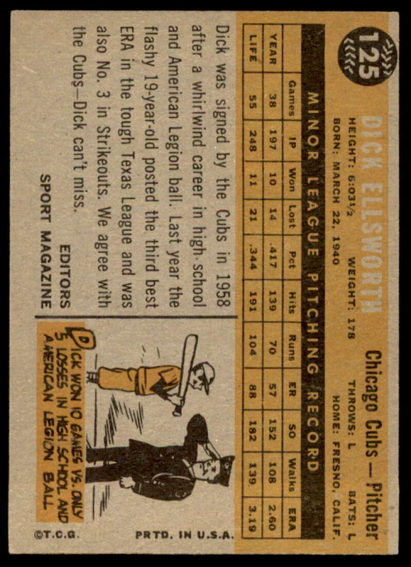 Dick Ellsworth RS Rookie Card 1960 Topps #125  Image 2