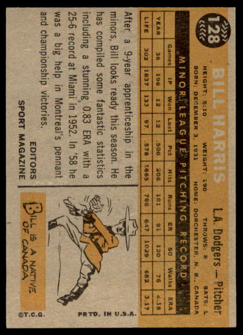 Bill Harris RS Rookie Card 1960 Topps #128  Image 2