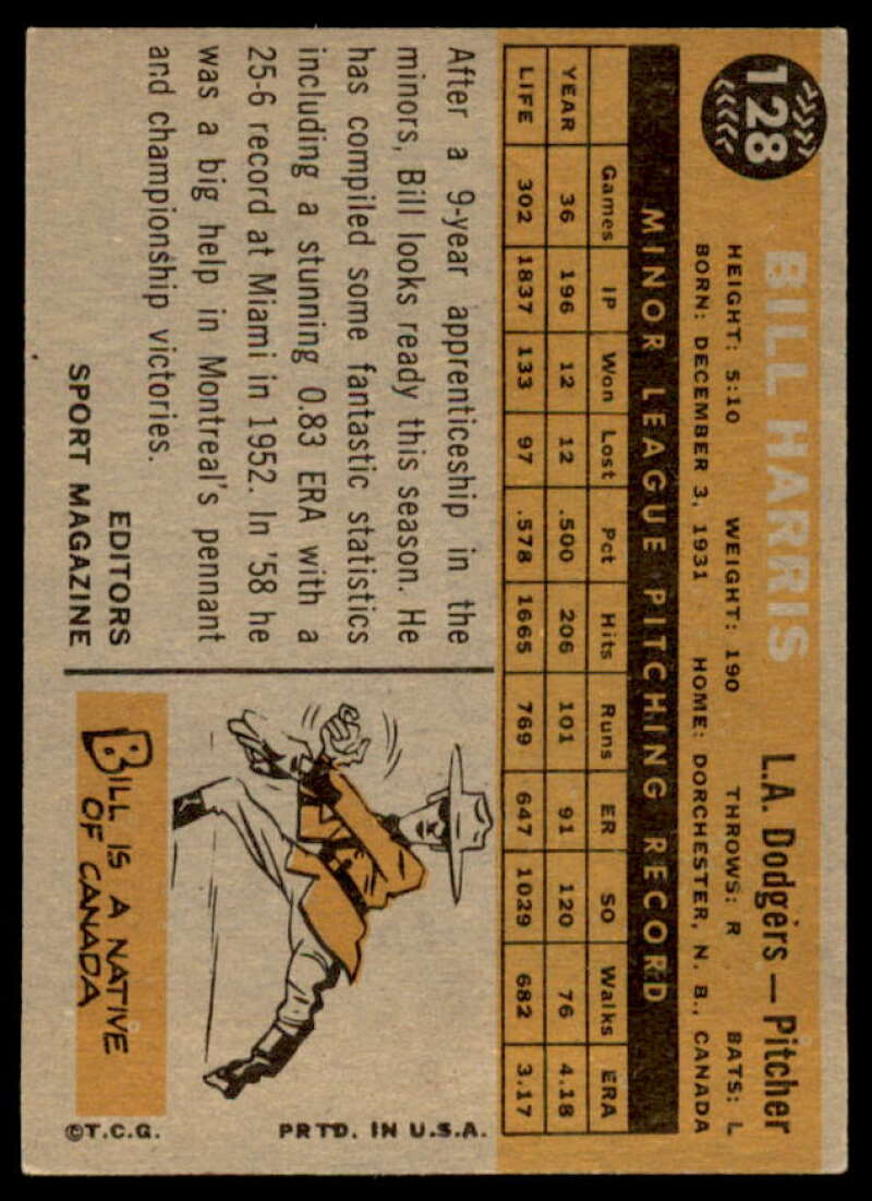 Bill Harris RS Rookie Card 1960 Topps #128  Image 2