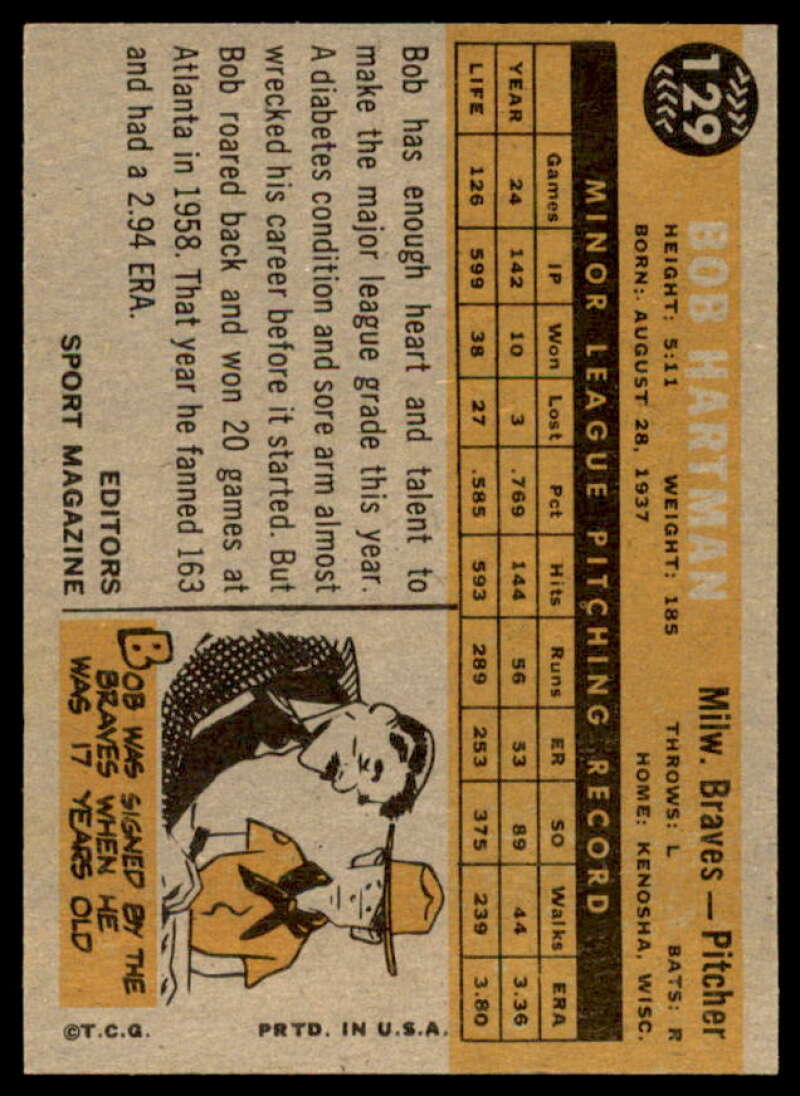 Bob Hartman RS Rookie Card 1960 Topps #129  Image 2