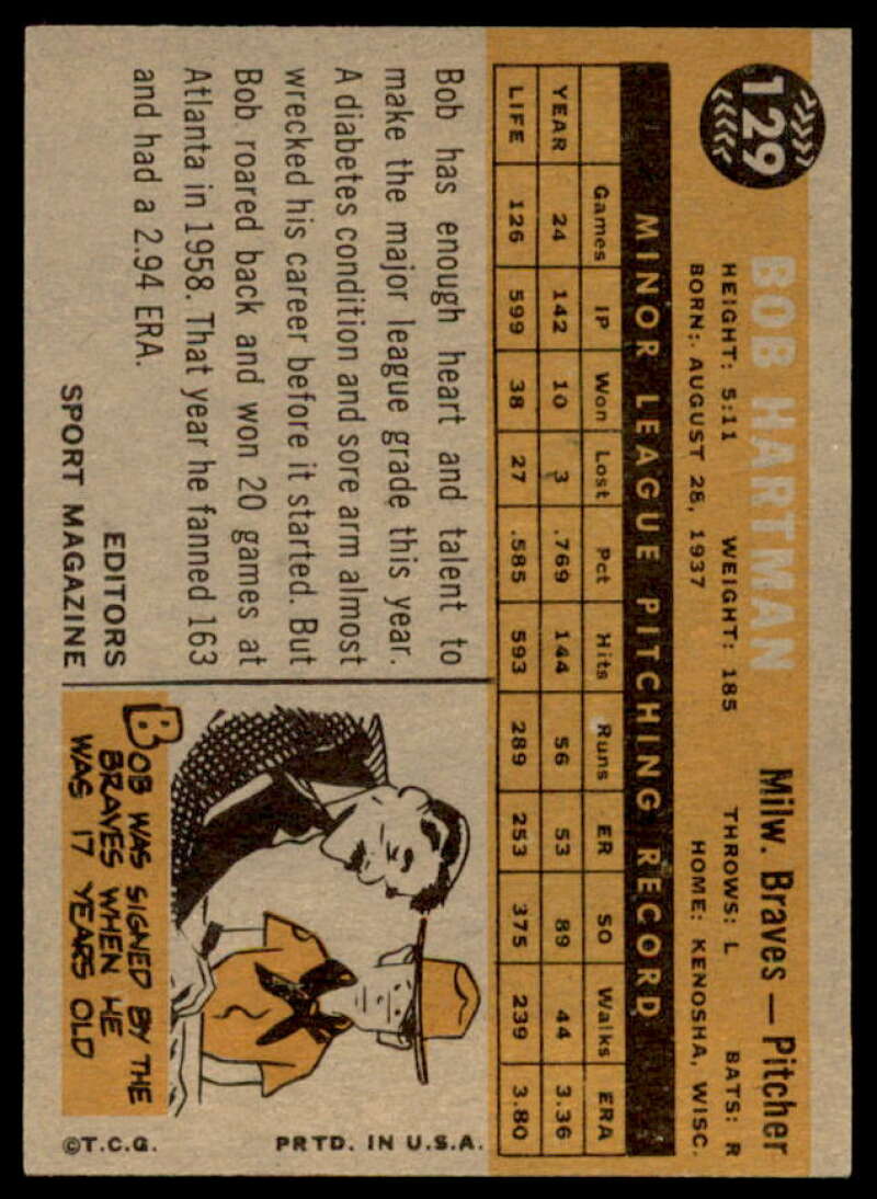 Bob Hartman RS Rookie Card 1960 Topps #129  Image 2