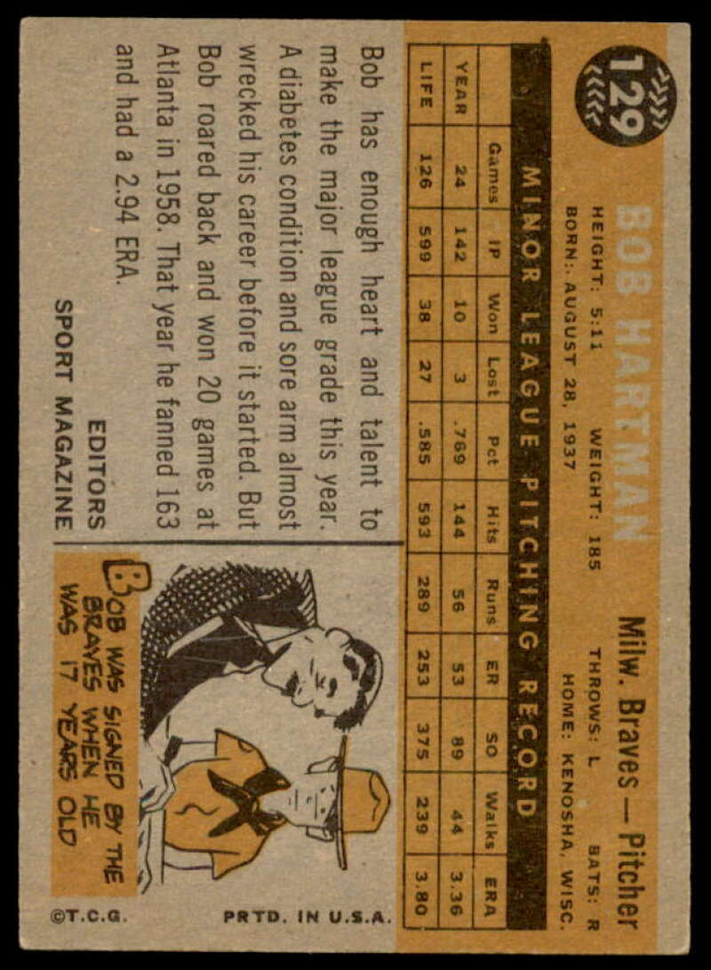 Bob Hartman RS Rookie Card 1960 Topps #129  Image 2