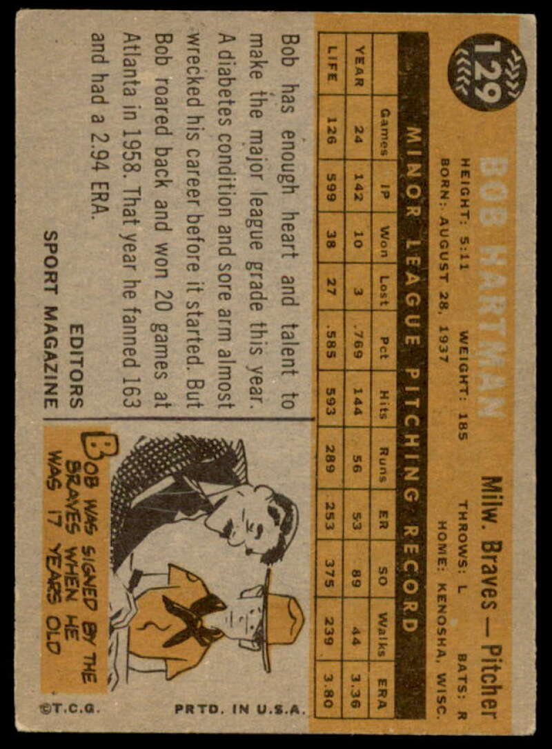 Bob Hartman RS Rookie Card 1960 Topps #129  Image 2