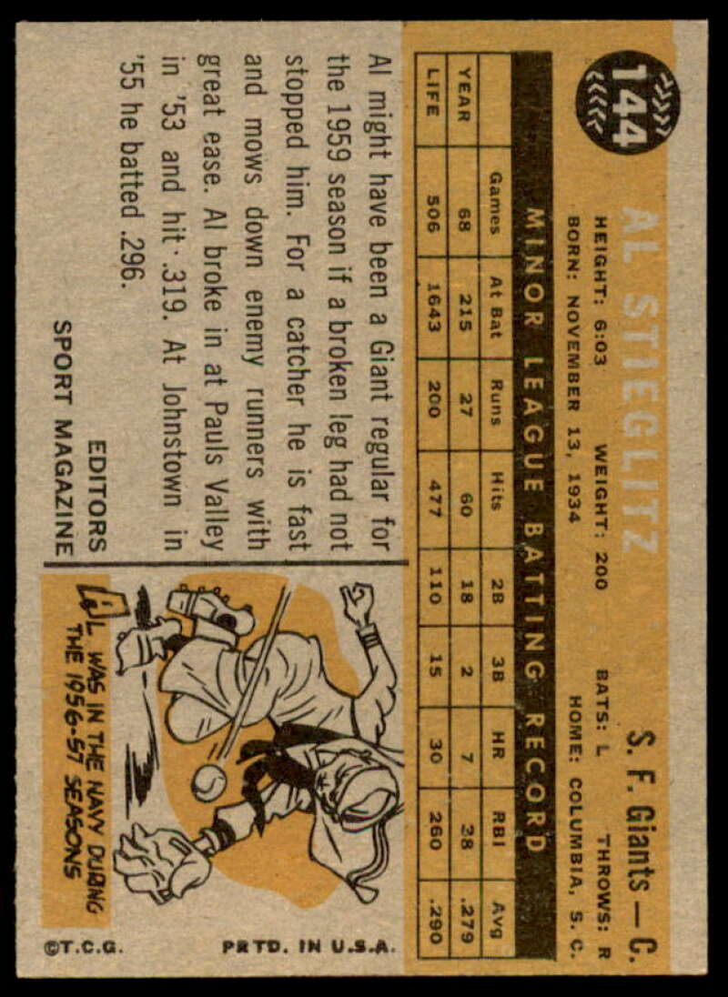 Al Stieglitz RS Rookie Card 1960 Topps #144  Image 2