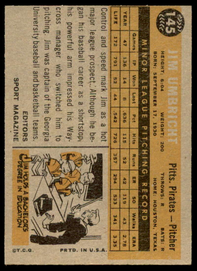Jim Umbricht RS Rookie Card 1960 Topps #145  Image 2