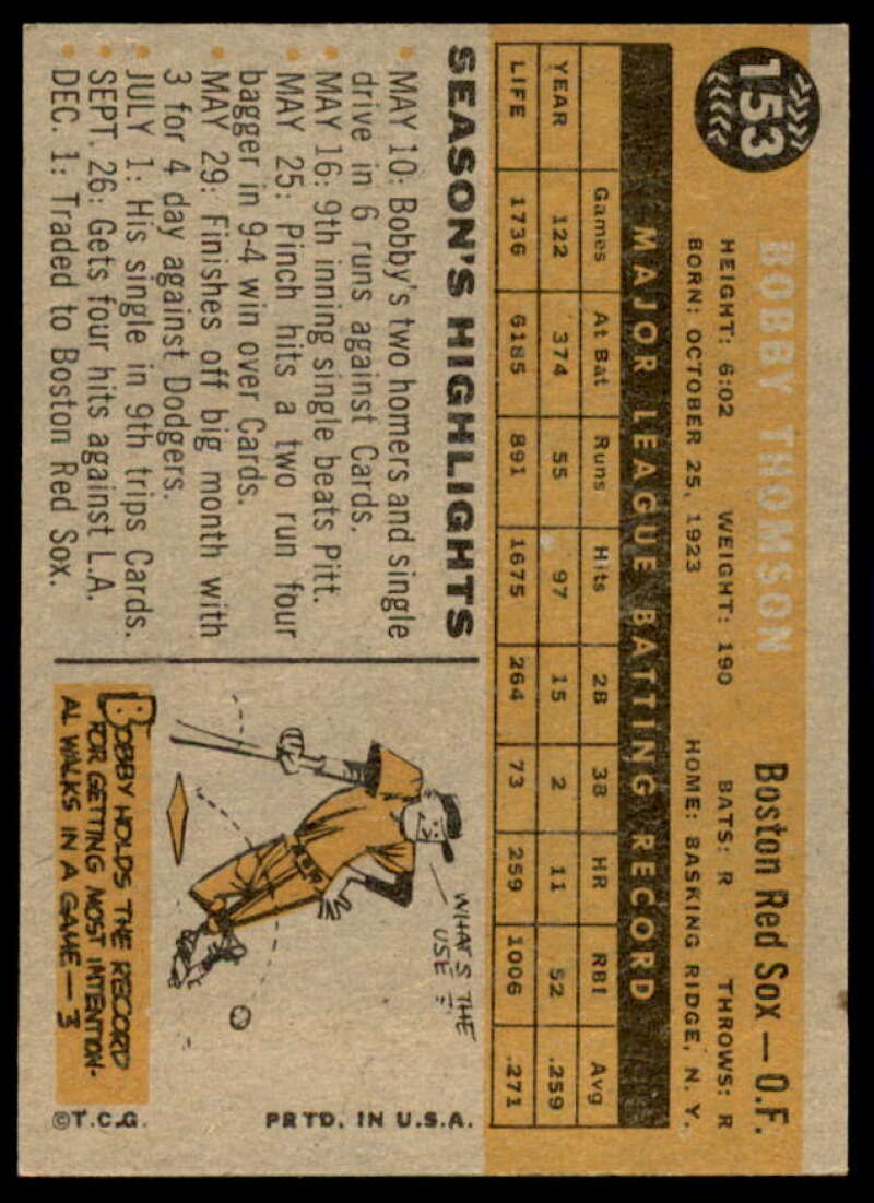 Bobby Thomson Card 1960 Topps #153  Image 2