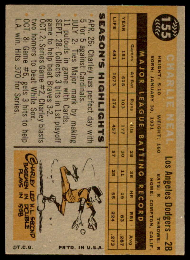 Charlie Neal Card 1960 Topps #155  Image 2