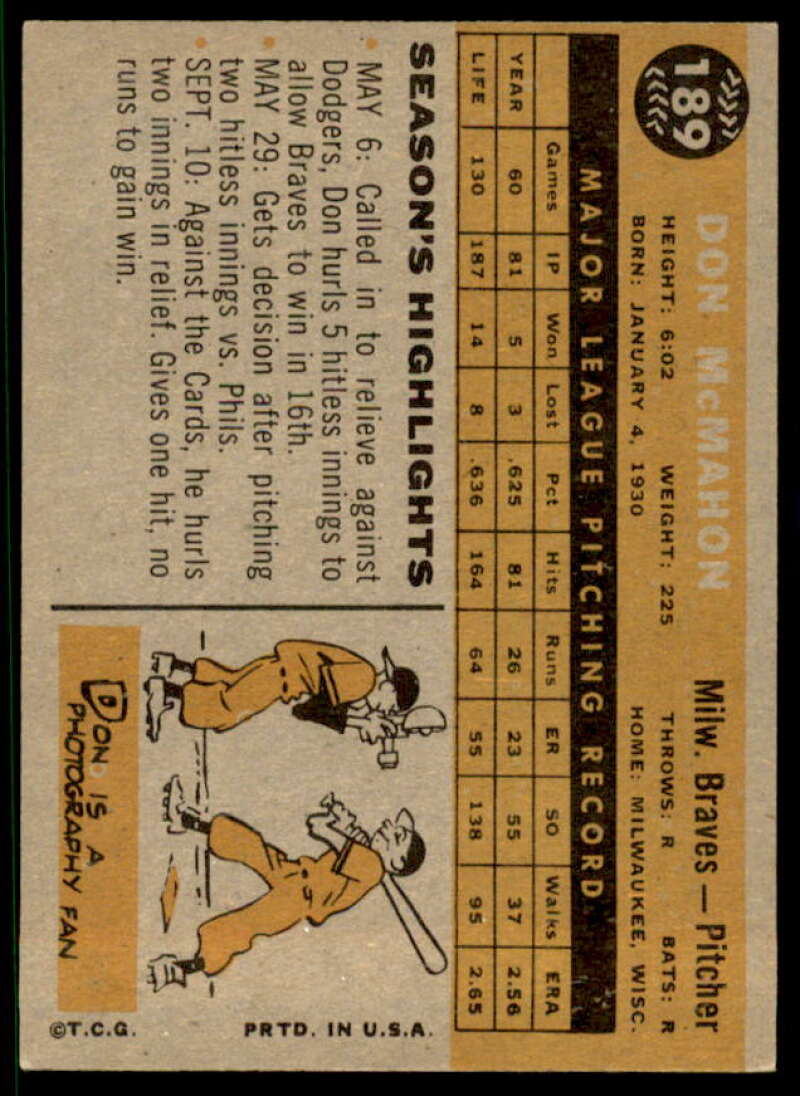 Don McMahon Card 1960 Topps #189  Image 2