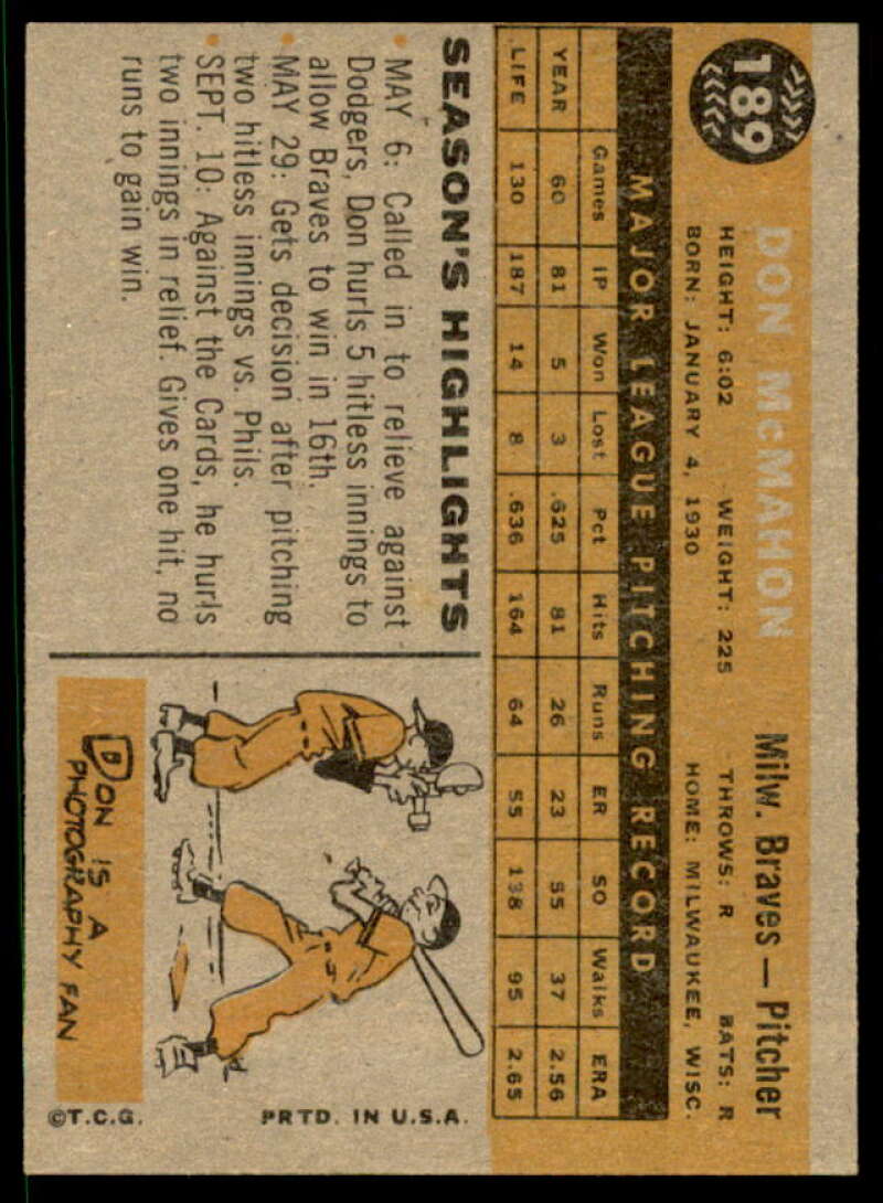 Don McMahon Card 1960 Topps #189  Image 2