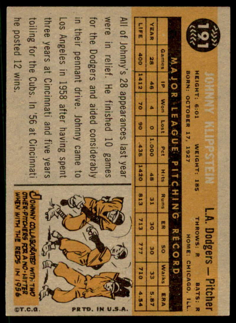 Johnny Klippstein Card 1960 Topps #191  Image 2
