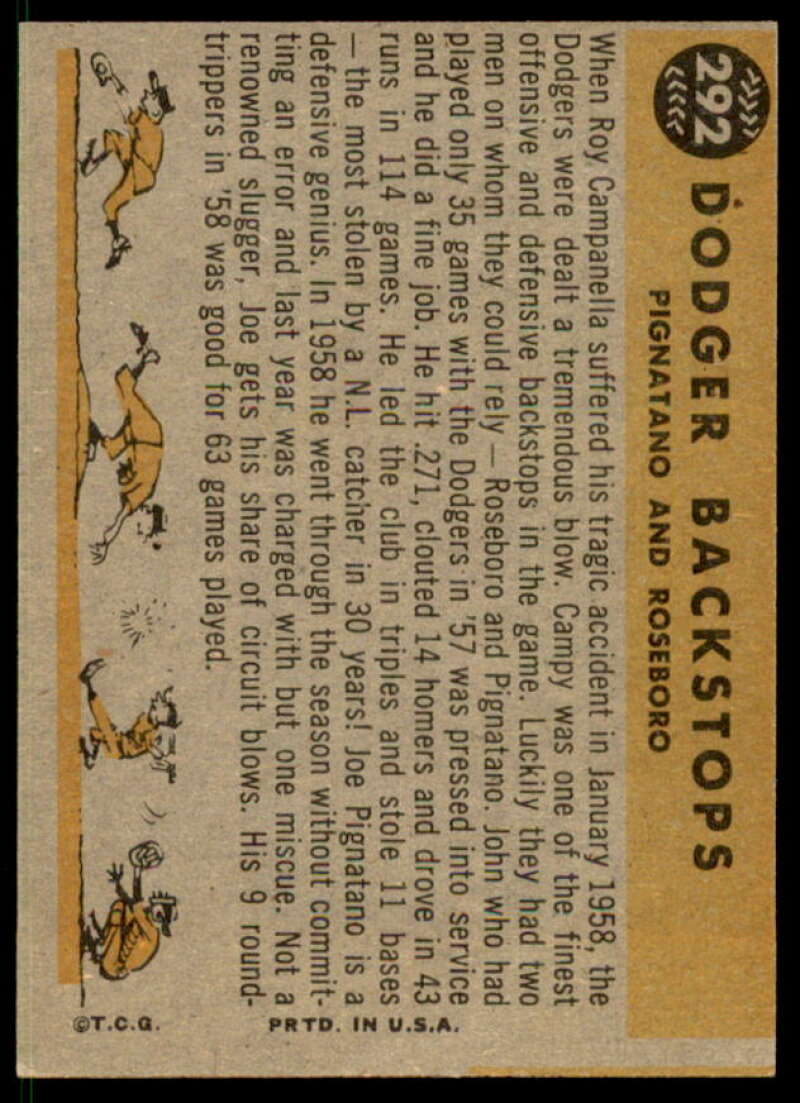Dodger Backstops/Joe Pignatano/John Roseboro Card 1960 Topps #292  Image 2