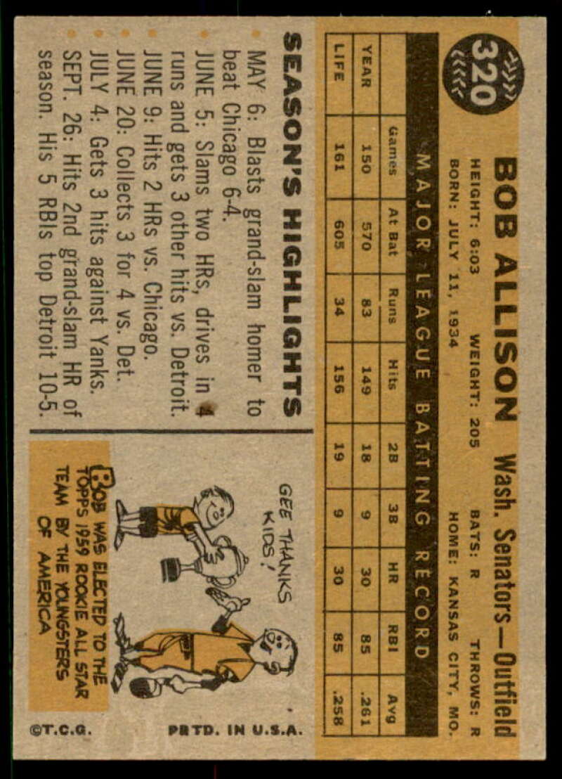 Bob Allison ASR Card 1960 Topps #320  Image 2