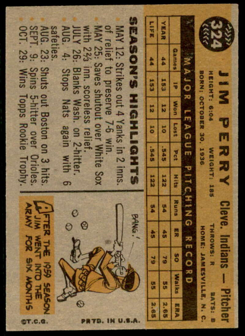 Jim Perry ASR Card 1960 Topps #324  Image 2