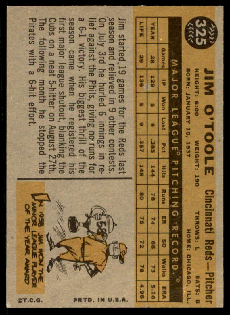 Jim O'Toole ASR Card 1960 Topps #325  Image 2