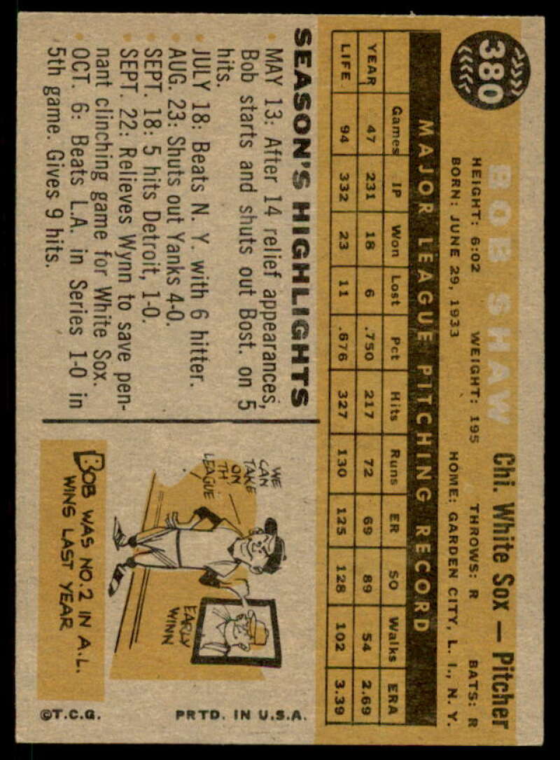Bob Shaw Card 1960 Topps #380  Image 2