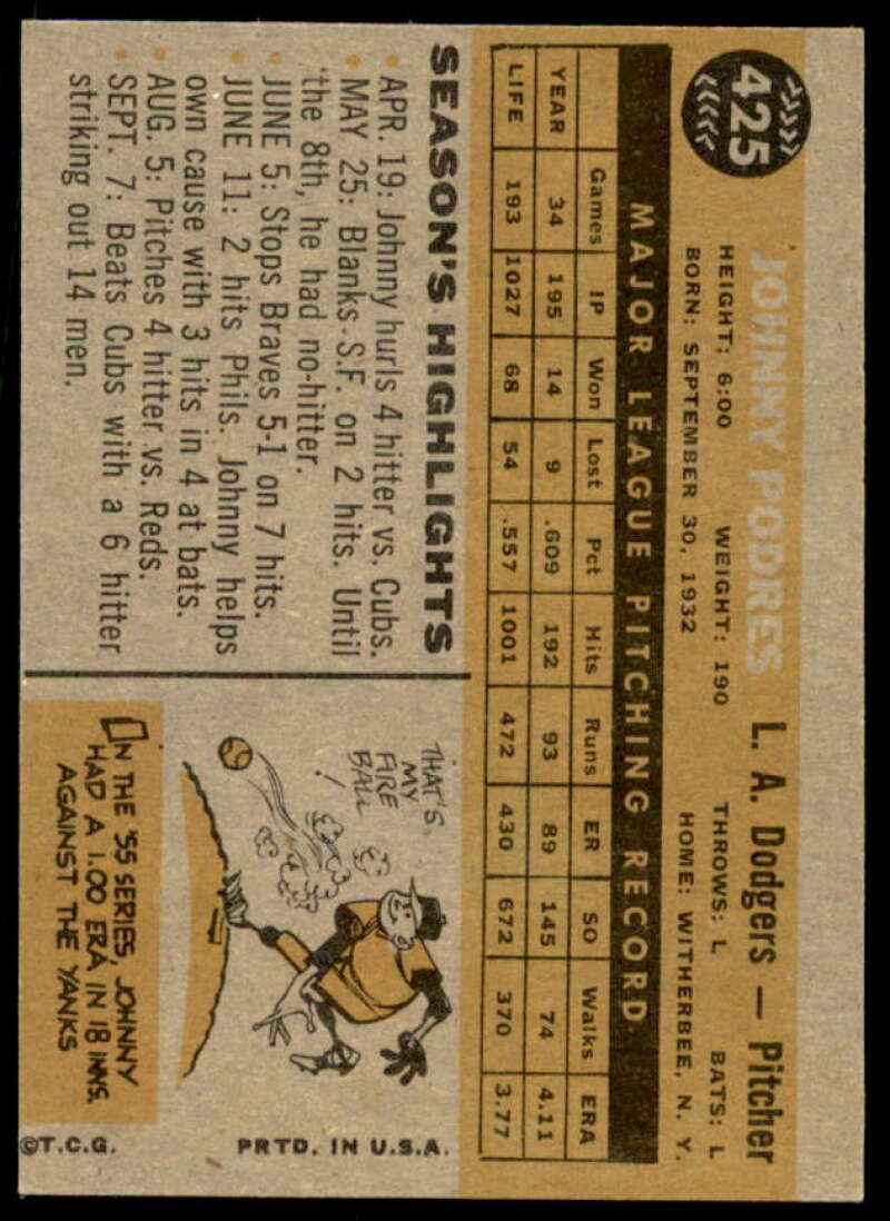 Johnny Podres Card 1960 Topps #425  Image 2