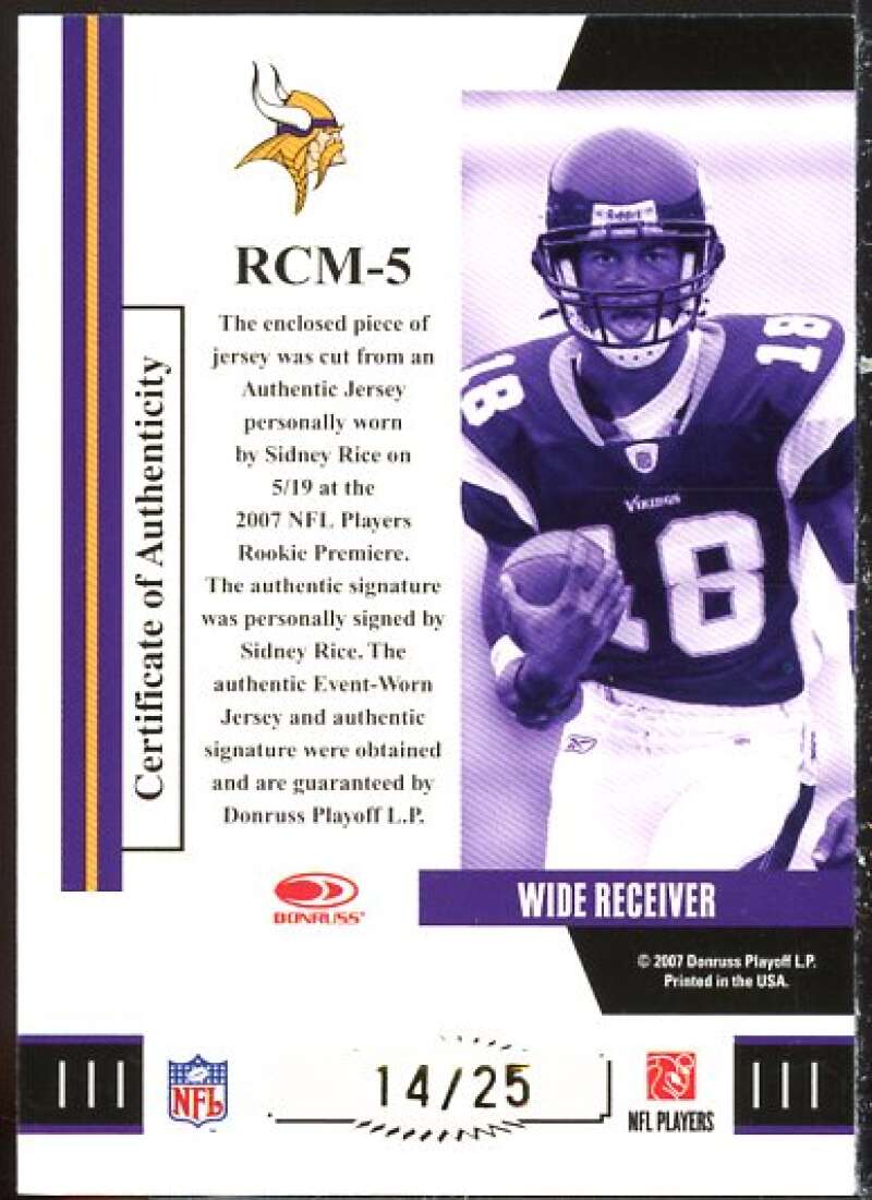 Sidney Rice Rookie 2007 Donruss Threads Rookie Collection Material Autographs #5  Image 2