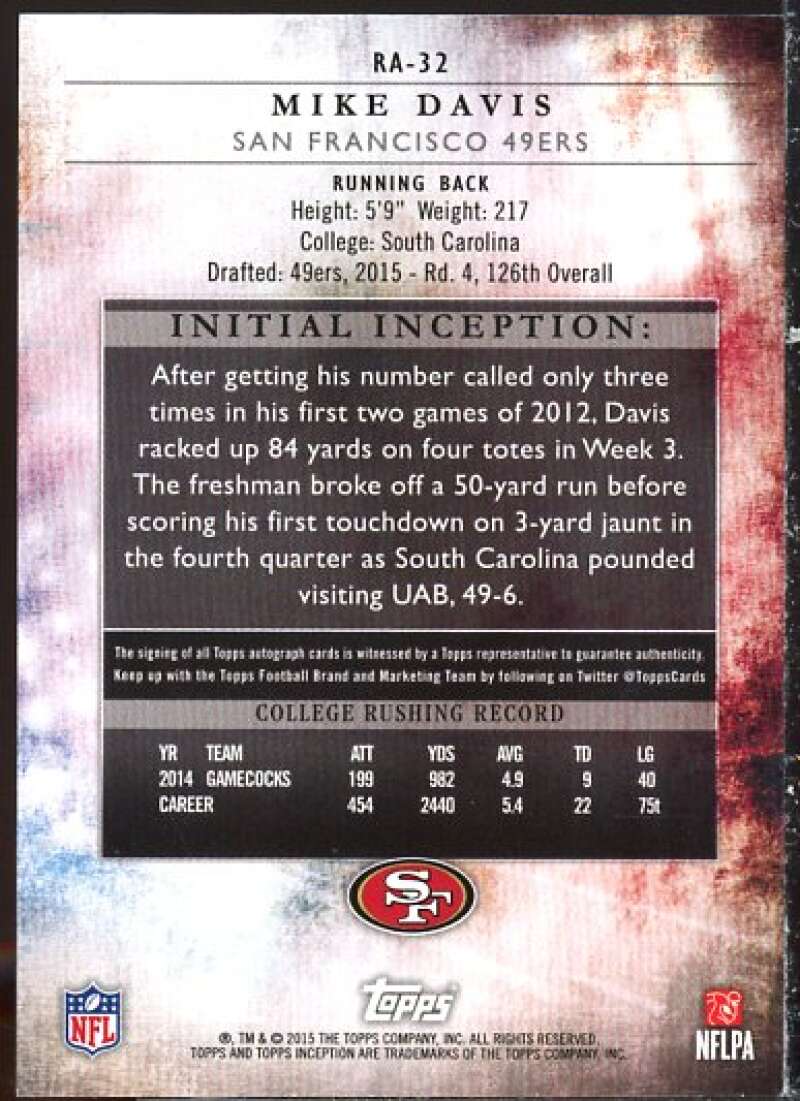 Mike Davis AU Rookie Card 2015 Topps Inception #RA32  Image 2