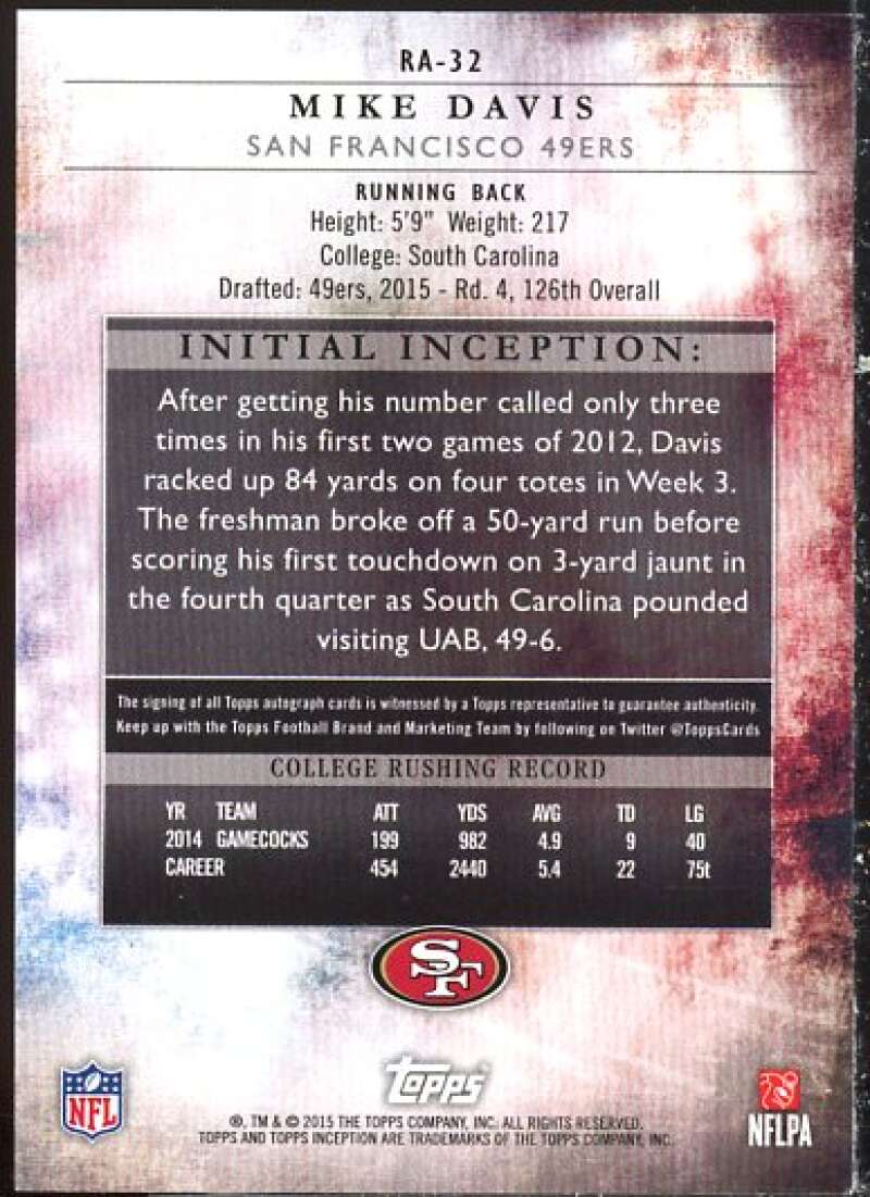 Mike Davis AU Rookie Card 2015 Topps Inception Orange #RA32  Image 2
