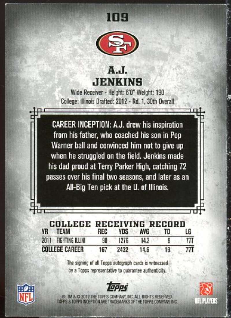 A.J. Jenkins AU Card 2012 Topps Inception Blue #109  Image 2