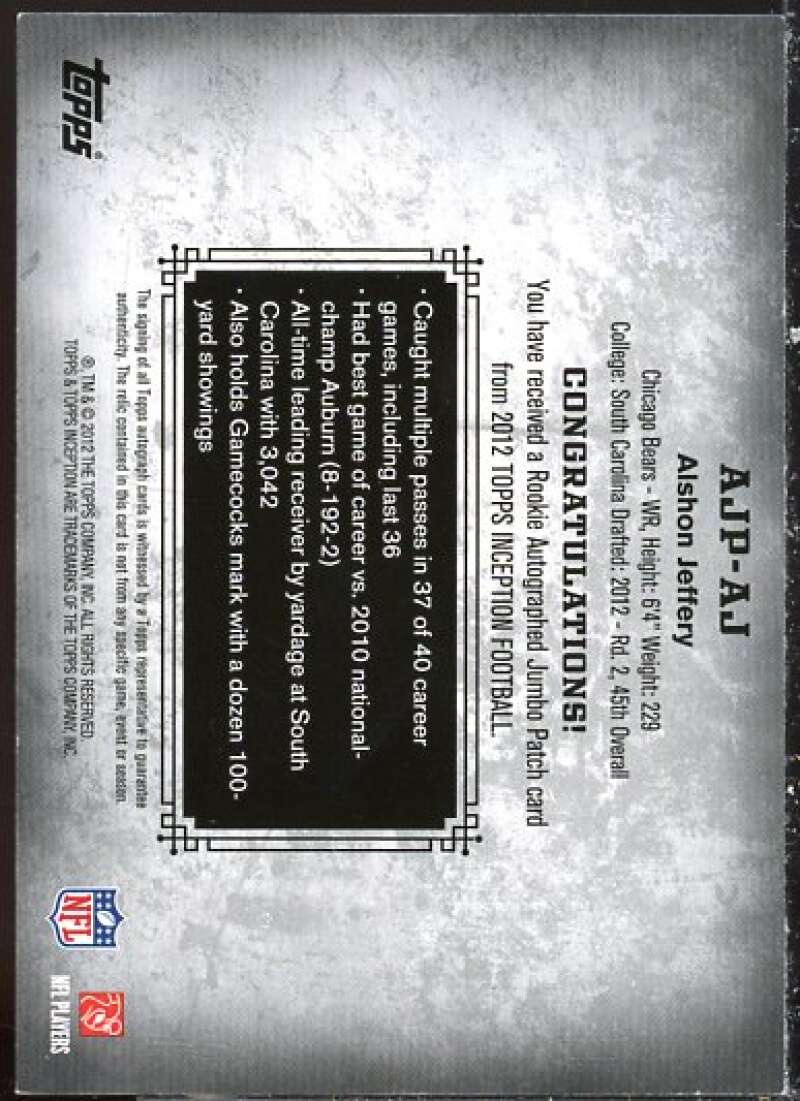 Alshon Jeffery Rookie 2012 Topps Inception Rookie Jumbo Patch Autographs #AJPAJ  Image 2