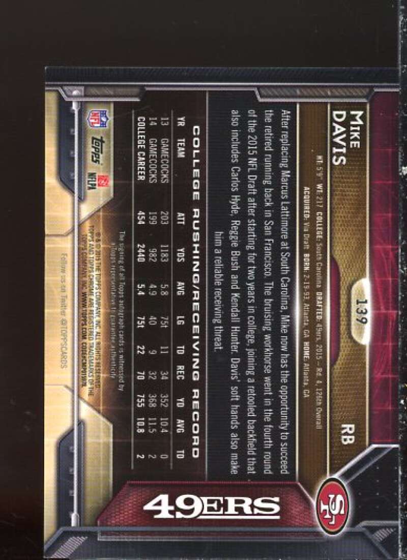 Mike Davis Rookie Card 2015 Topps Chrome Mini Rookie Autographs Refractors #139  Image 2