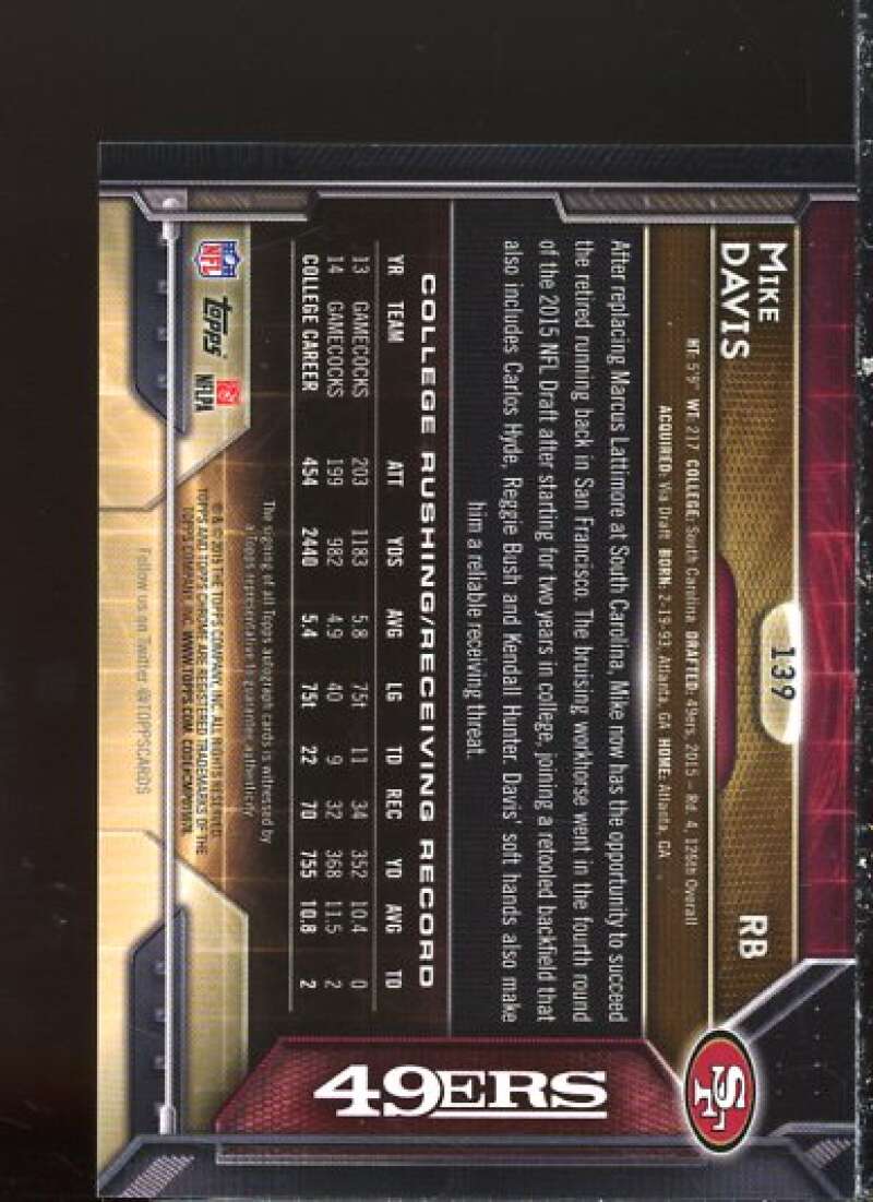 Mike Davis Rookie Card 2015 Topps Chrome Mini Rookie Autographs Refractors #139  Image 2