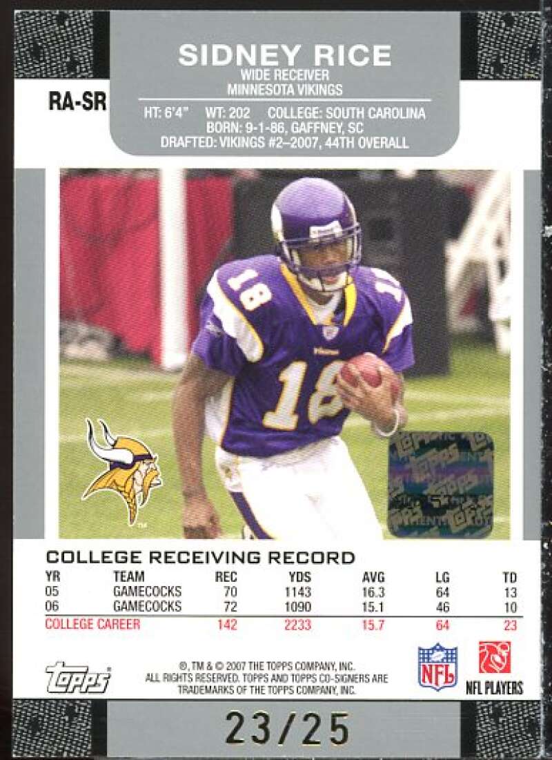 Sidney Rice Rookie Card 2007 Topps Co-Signers Rookie Autographs Gold #SR  Image 2