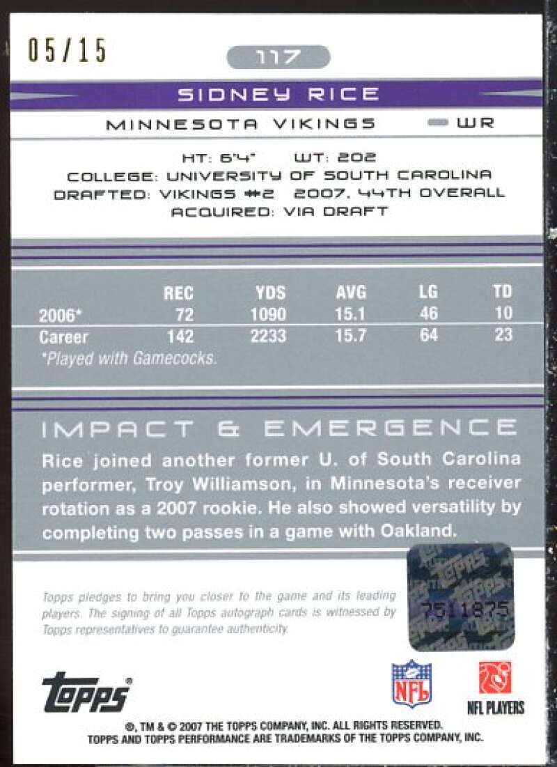 Sidney Rice Rookie 2007 Topps Performance Rookie Autographed Relics Silver #117  Image 2