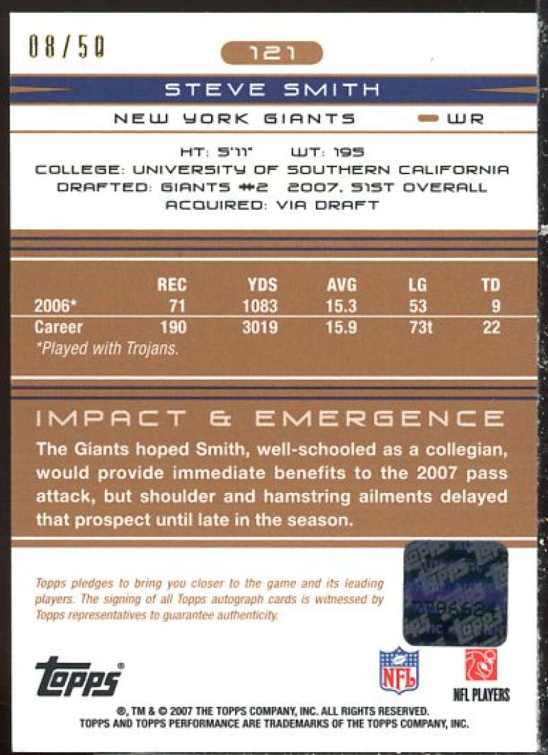 Steve Smith USC 2007 Topps Performance Rookie Autographed Relics Bronze #121  Image 2