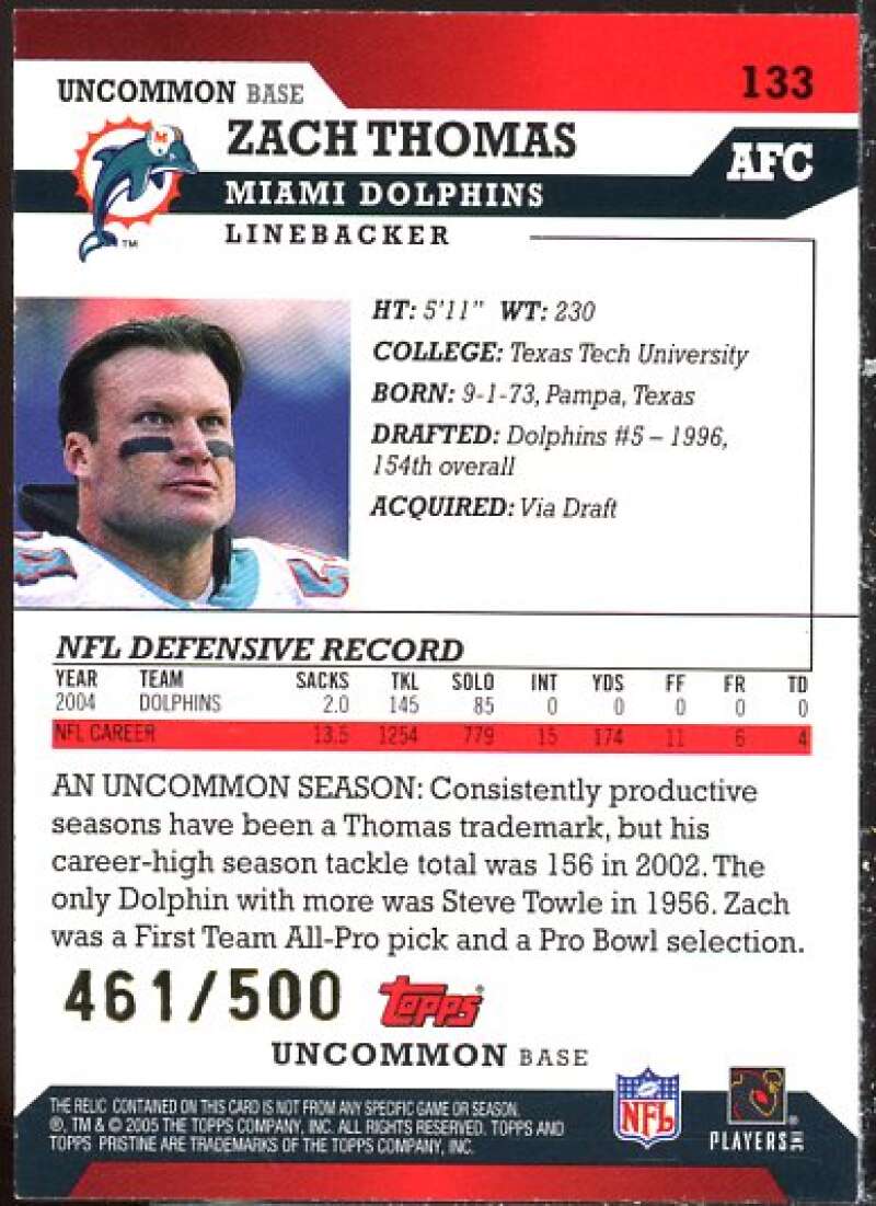 Zach Thomas JSY Card 2005 Topps Pristine #133  Image 2