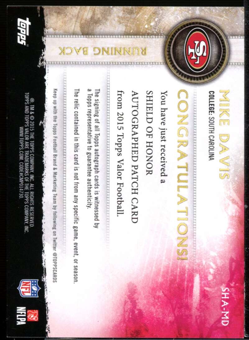 Mike Davis 2015 Topps Valor Shield of Honor Patch Autographs Strength #SHAMD  Image 2