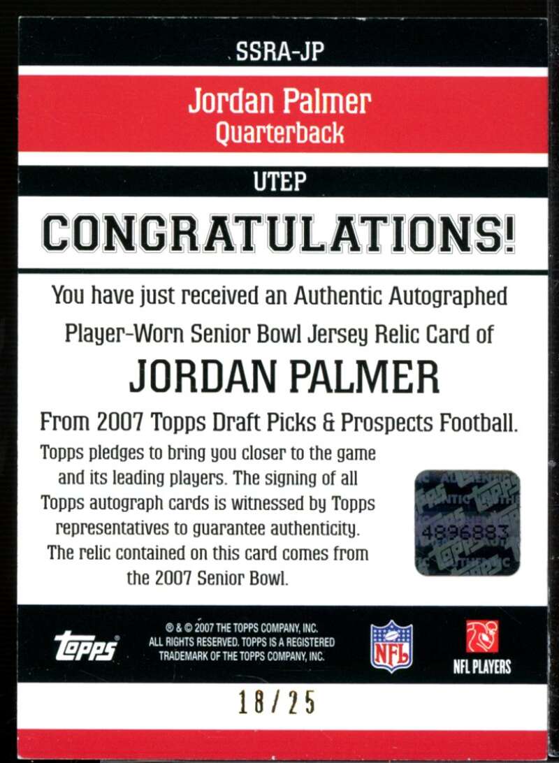 Jordan Palmer 2007 Draft Picks and Prospects Senior Standout Jersey AU Gold #JP  Image 2