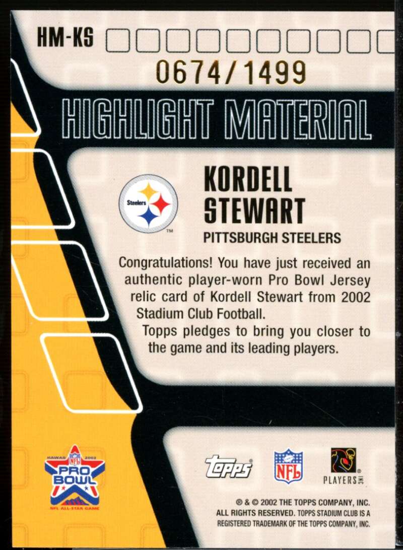 Kordell Stewart Card 2002 Stadium Club Highlight Material #HMKS  Image 2