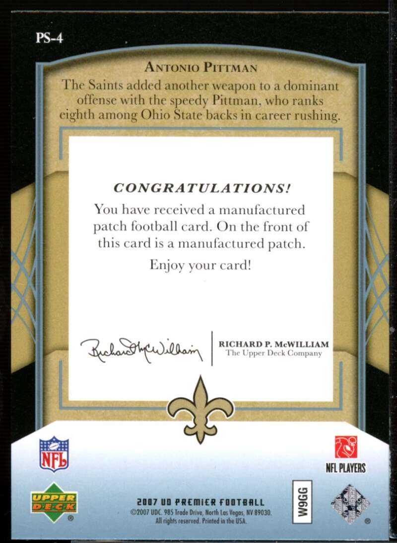 PS-4 Antonio Pittman 2007 Upper Deck Premier Stitchings Variation Platinum Holofoil #PS-4  Image 2