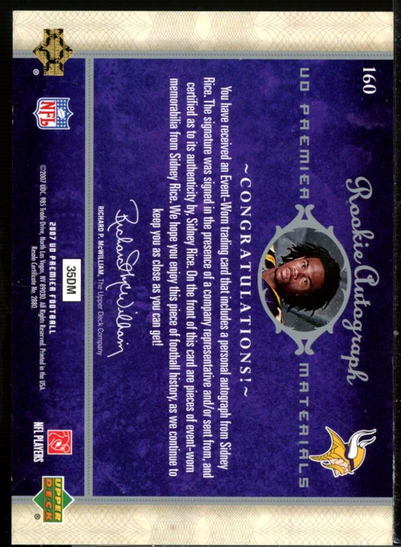 Sidney Rice JSY AU Rookie Card 2007 Upper Deck Premier #160  Image 2