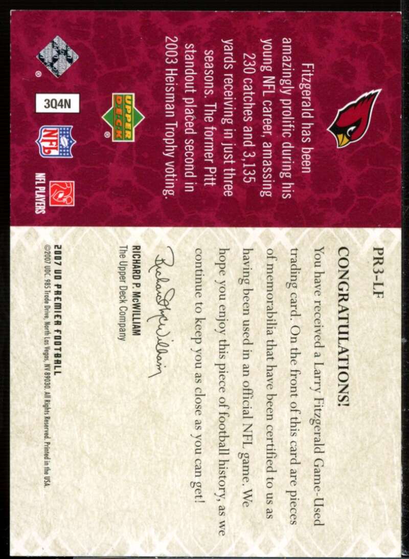 Larry Fitzgerald Card 2007 Upper Deck Premier Remnants Triple Gold #PR3LF  Image 2