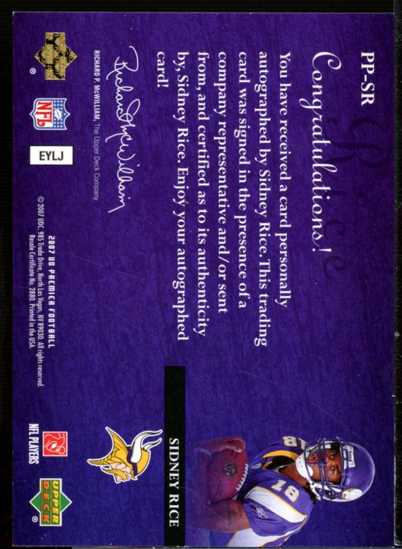 Sidney Rice Rookie 2007 Upper Deck Premier Penmanship Autographs Bronze #PPSR  Image 2