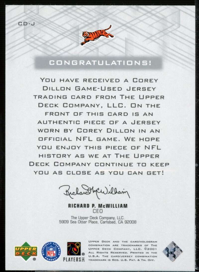 Corey Dillon Card 2001 Upper Deck Pros and Prospects Game Jersey #CDJ  Image 2
