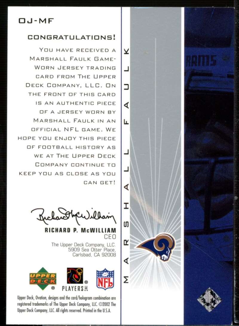Marshall Faulk Card 2002 Upper Deck Ovation Jerseys #OJMF  Image 2