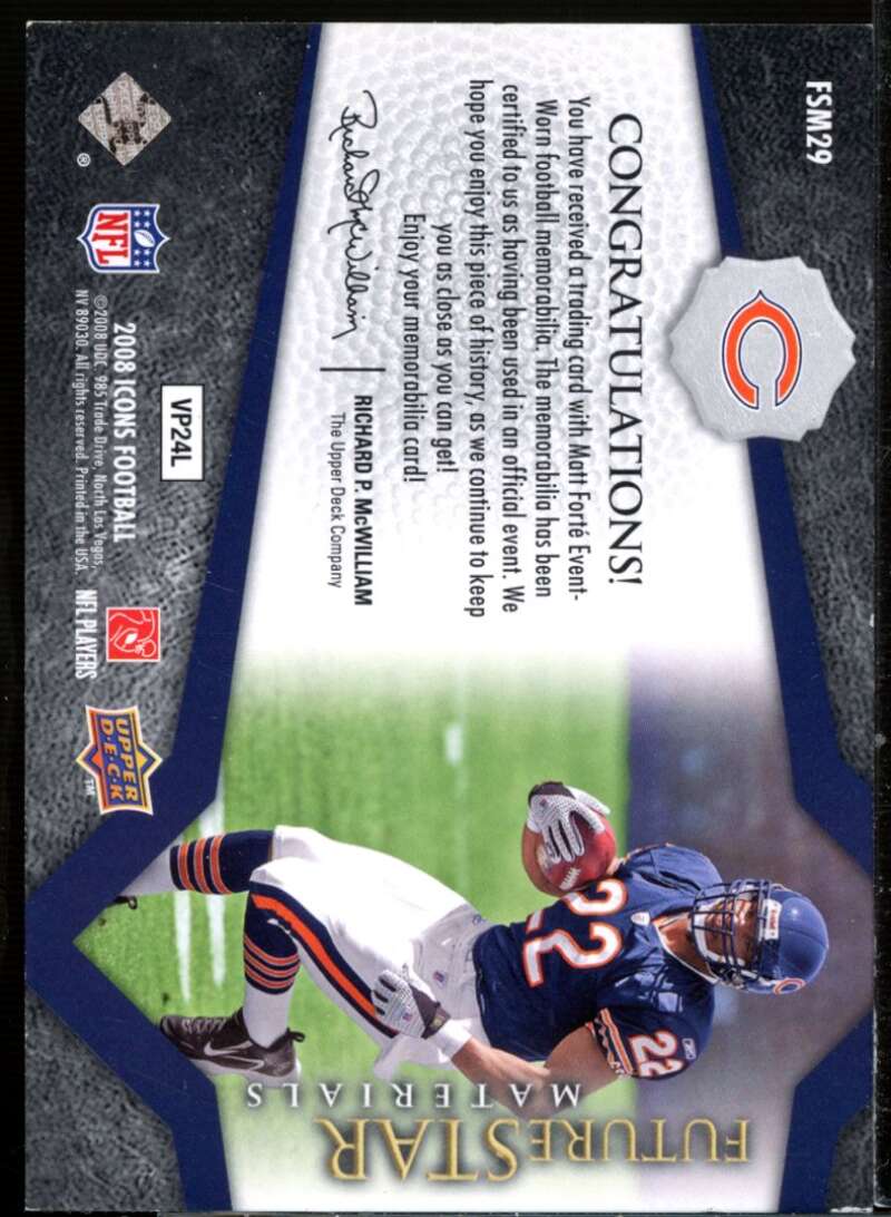 Matt Forte Rookie Card 2008 Upper Deck Icons Future Stars Materials #FSM29  Image 2