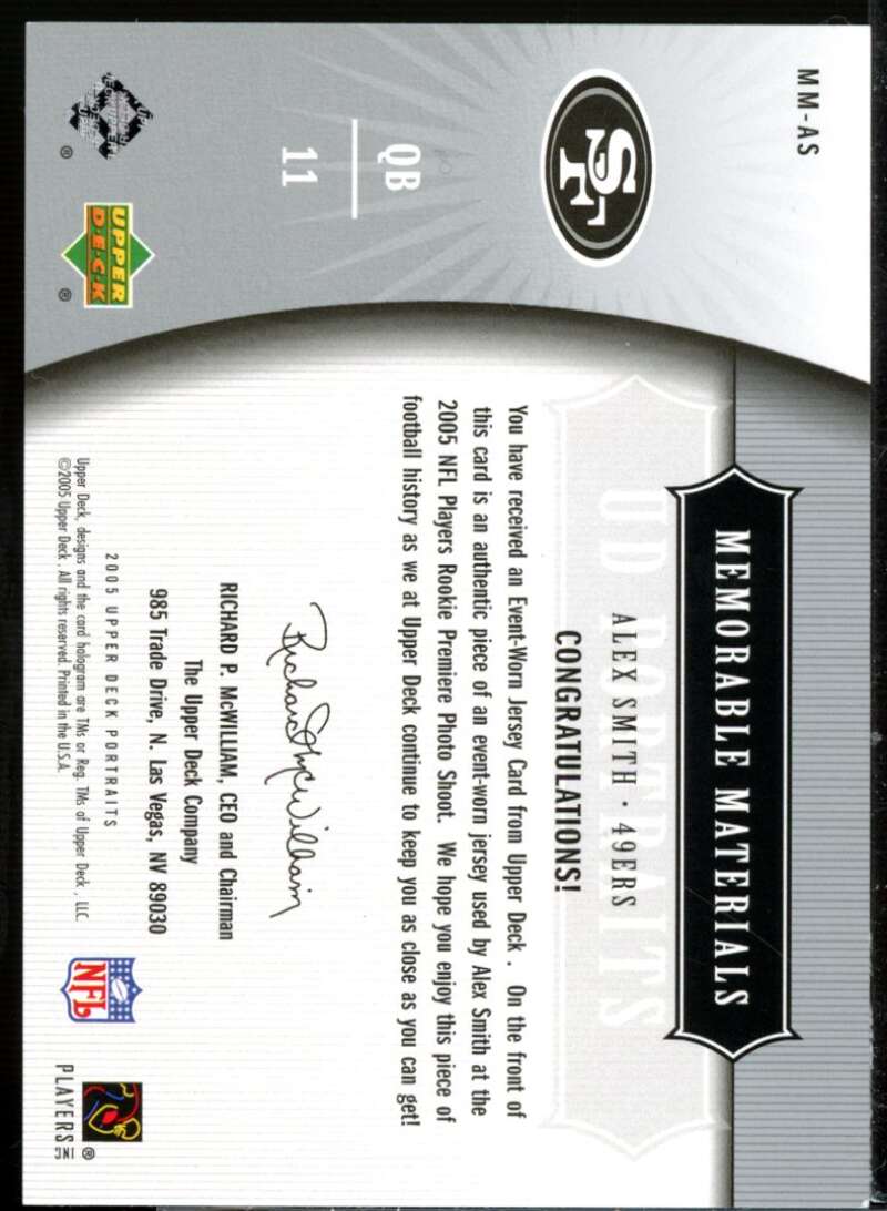 Alex Smith QB Rookie Card 2005 UD Portraits Memorable Materials #MMAS  Image 2