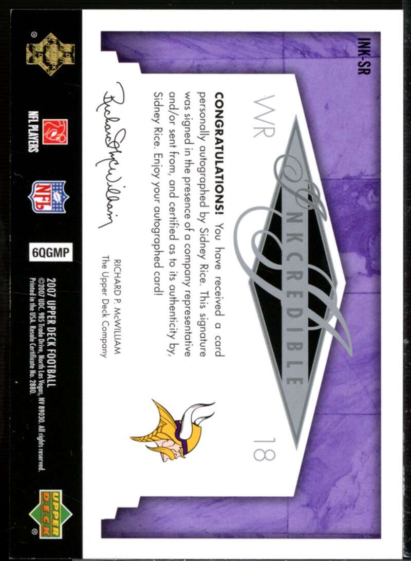 Sidney Rice Rookie Card 2007 Upper Deck Inkredible Red Ink #INKSR  Image 2