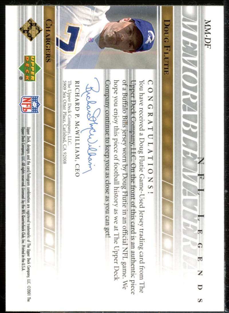 Doug Flutie Card 2001 Upper Deck Legends Memorable Materials #MMDF  Image 2