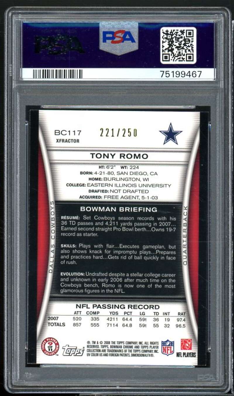 Tony Romo Card 2008 Bowman Chrome Xfractor #BC117 (pop 1) PSA 9 Image 2